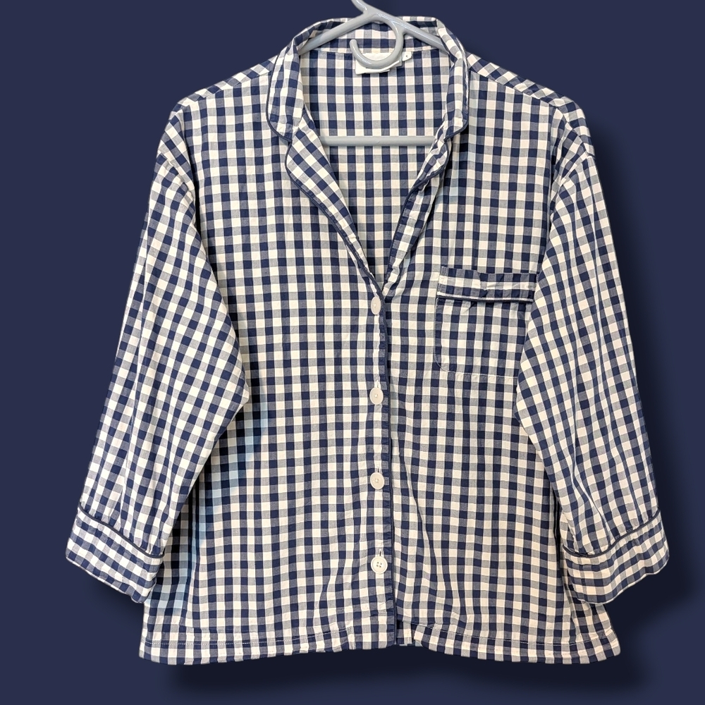 Sleepy Jones Navy Gingham 100% Cotton Long Sleeve Button-Up Marina Pajama Top SM